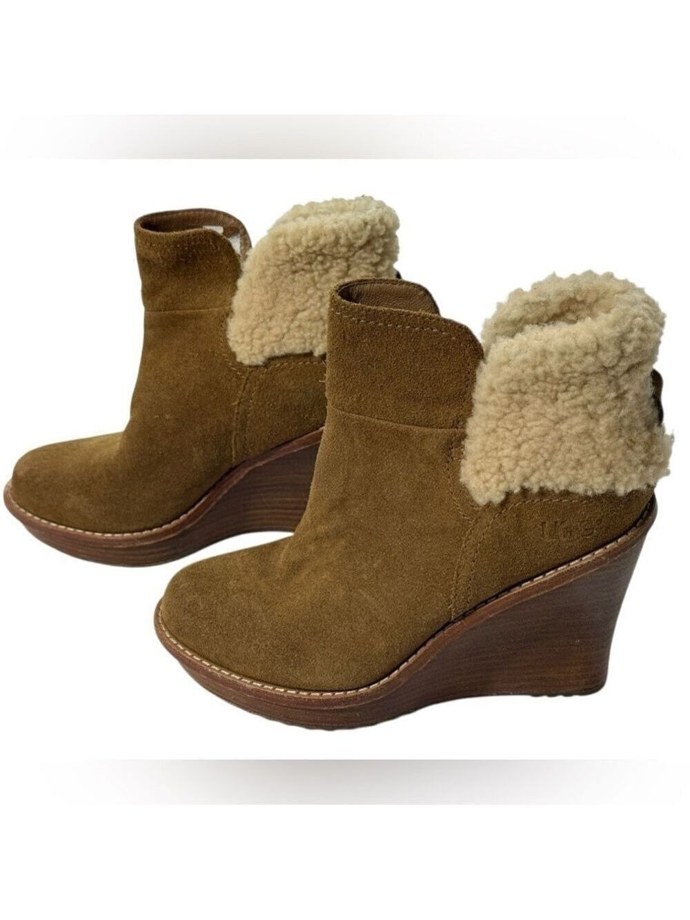 UGG Suede Wedge Ankle Boots Shearling Cuff Womens Sz6 Tan Cozy